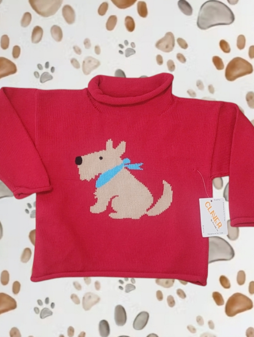 Claver Kids Unisex Red Rolledneck Knit Sweater with Dog Motif
